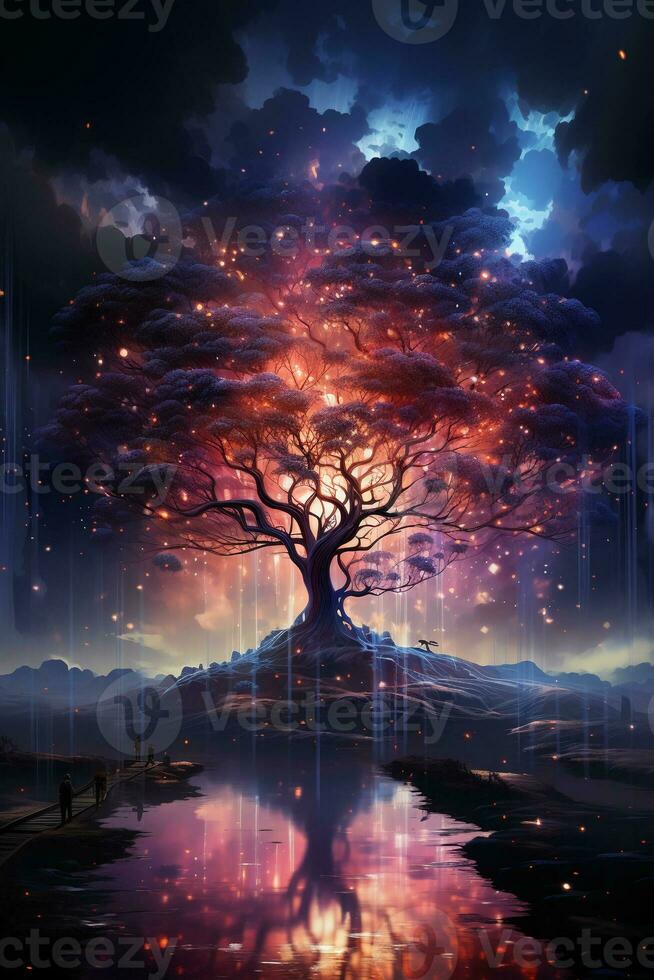uma árvore dentro frente do uma estrelado céu com roxa dados córregos ascendente. ai generativo foto