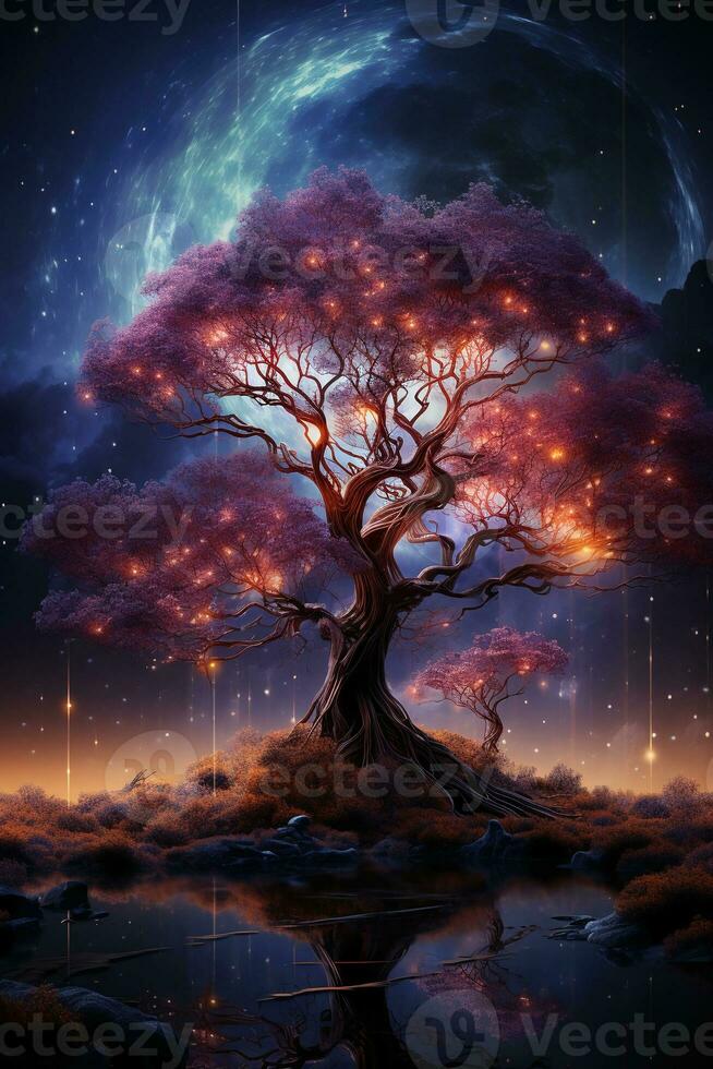 uma árvore dentro frente do uma estrelado céu com roxa dados córregos ascendente. ai generativo foto