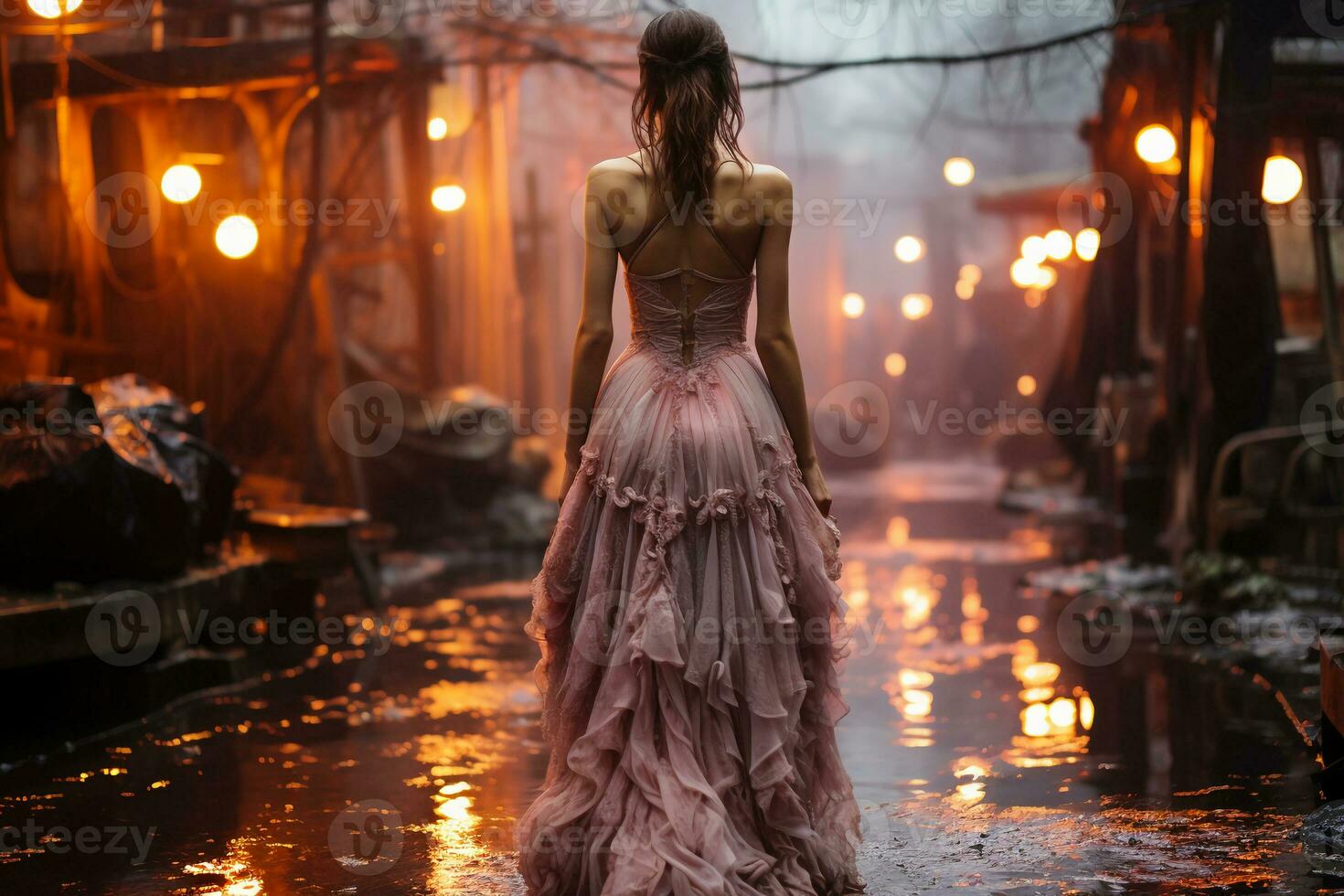 uma mulher dentro uma Sombrio fada kei moda Casamento vestir vadear dentro uma atropelar industrial complexo dentro a chuva às crepúsculo. temperamental atmosfera. ai generativo foto