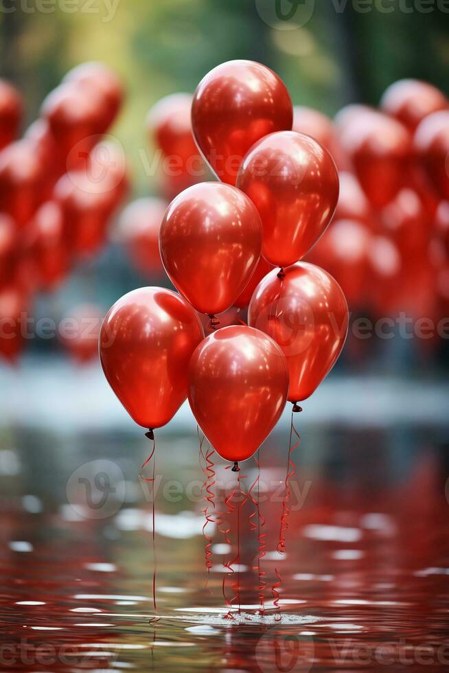 vermelho balões, bokeh dentro fundo, raso profundidade do campo. ai generativo foto