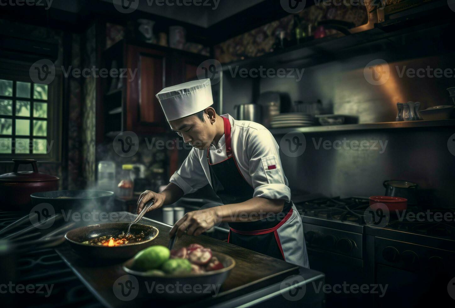 ásia cozinhando chefe de cozinha cozinha. gerar ai foto