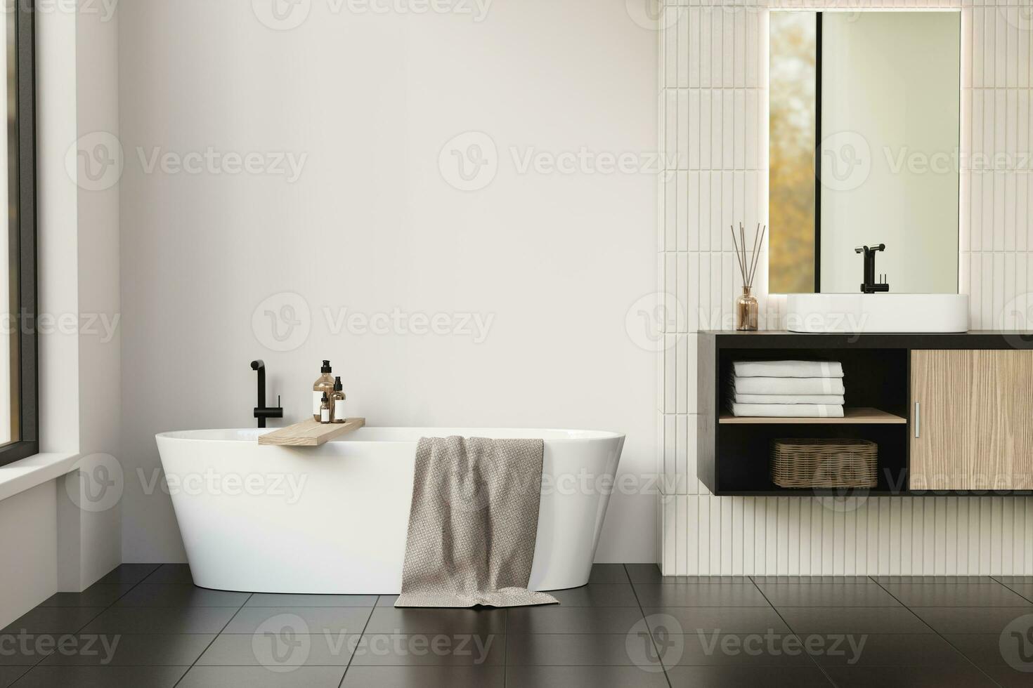 3d moderno banheiro interior com banheira. 3d Renderização do banheira em azulejos chão com Pia contra branco muro. 3d ilustração. foto