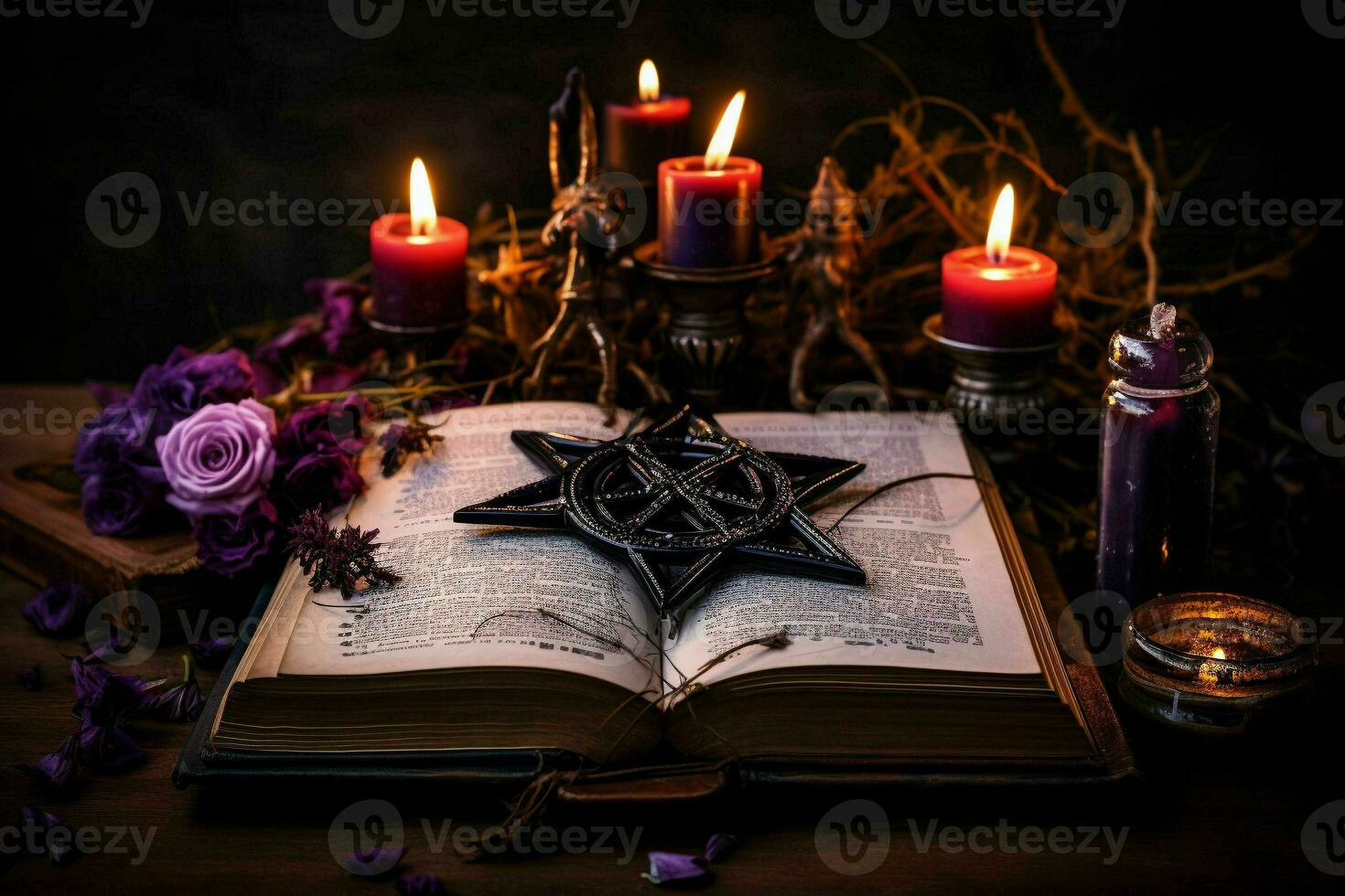 velho livro com Magia feitiços velas e pentagrama em bruxa table.generative ai foto