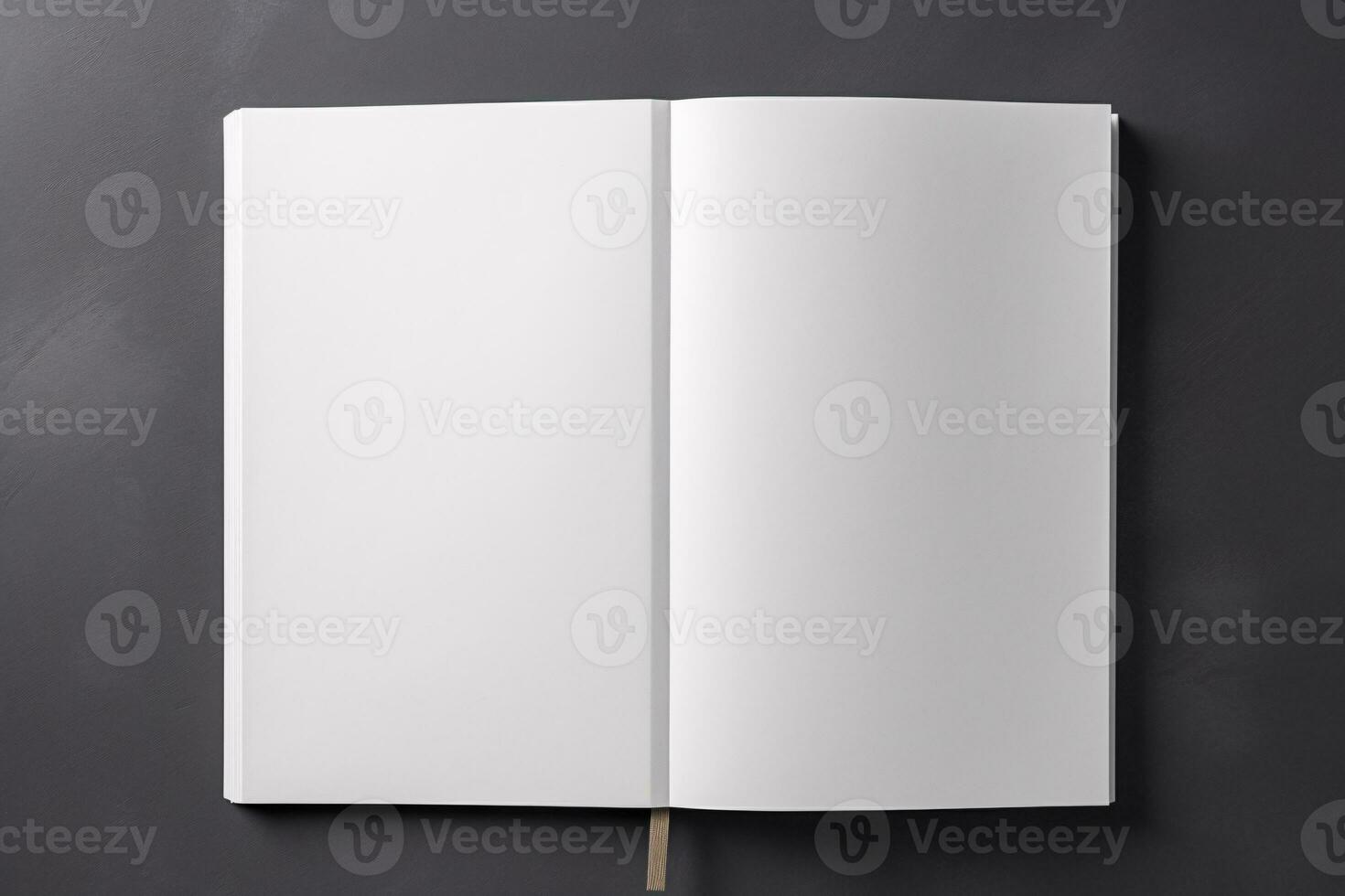 topo Visão livro brincar com aberto livro em branco branco página em Sombrio cinzento fundo, gerado por IA foto