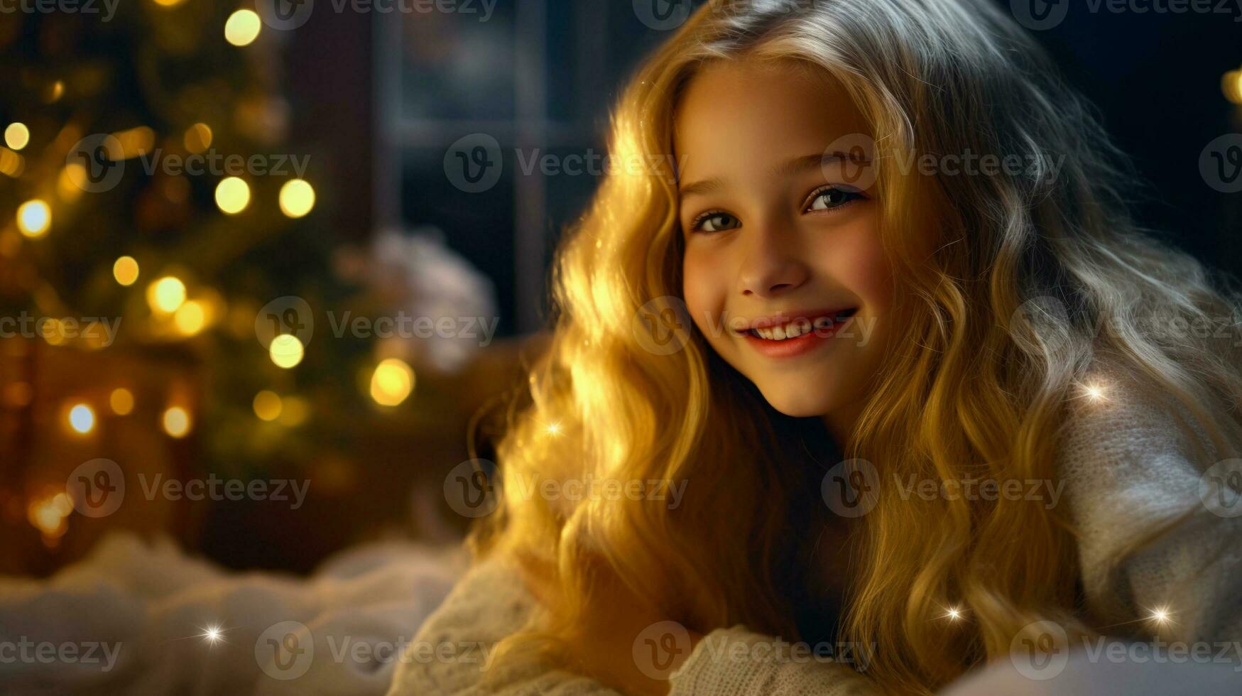 lindo jovem Loiras menina sorrir dentro cama dentro uma acolhedor quarto decorado com Novo anos decorações e uma Natal árvore. foto