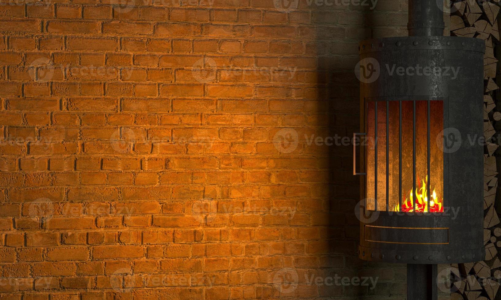 lareira de fundo interior de loft em parede de tijolo velha foto