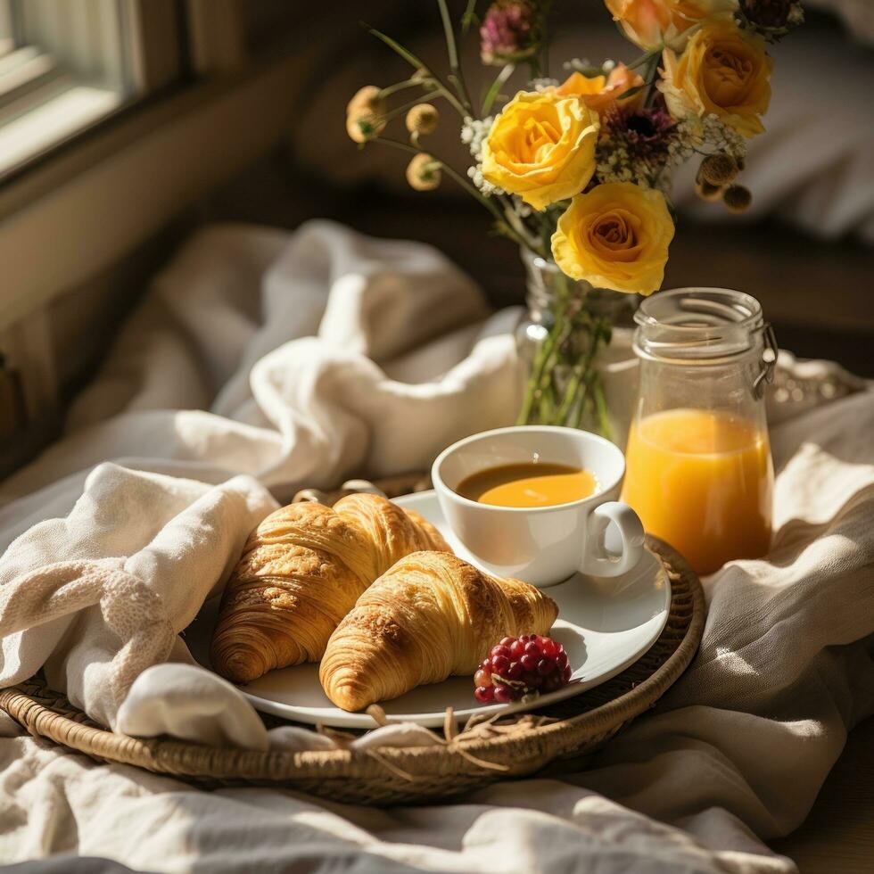 preguiçoso manhã dentro cama com café da manhã foto