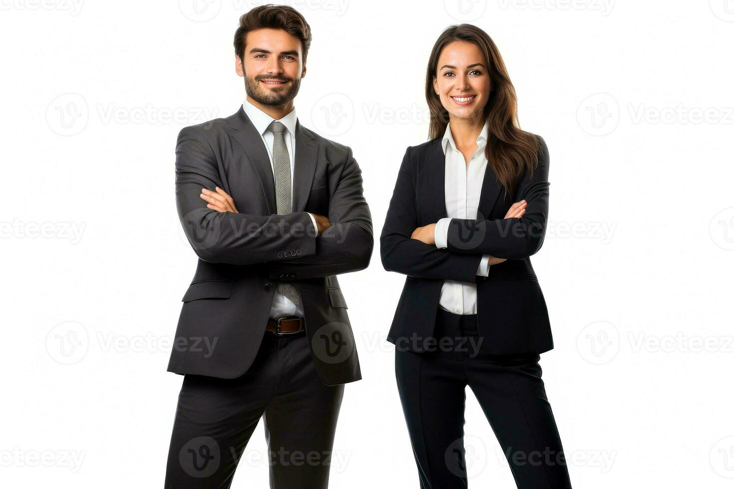 bem sucedido jovem o negócio parceiros dentro formal roupas posando e olhando às Câmera, generativo ai ilustração foto