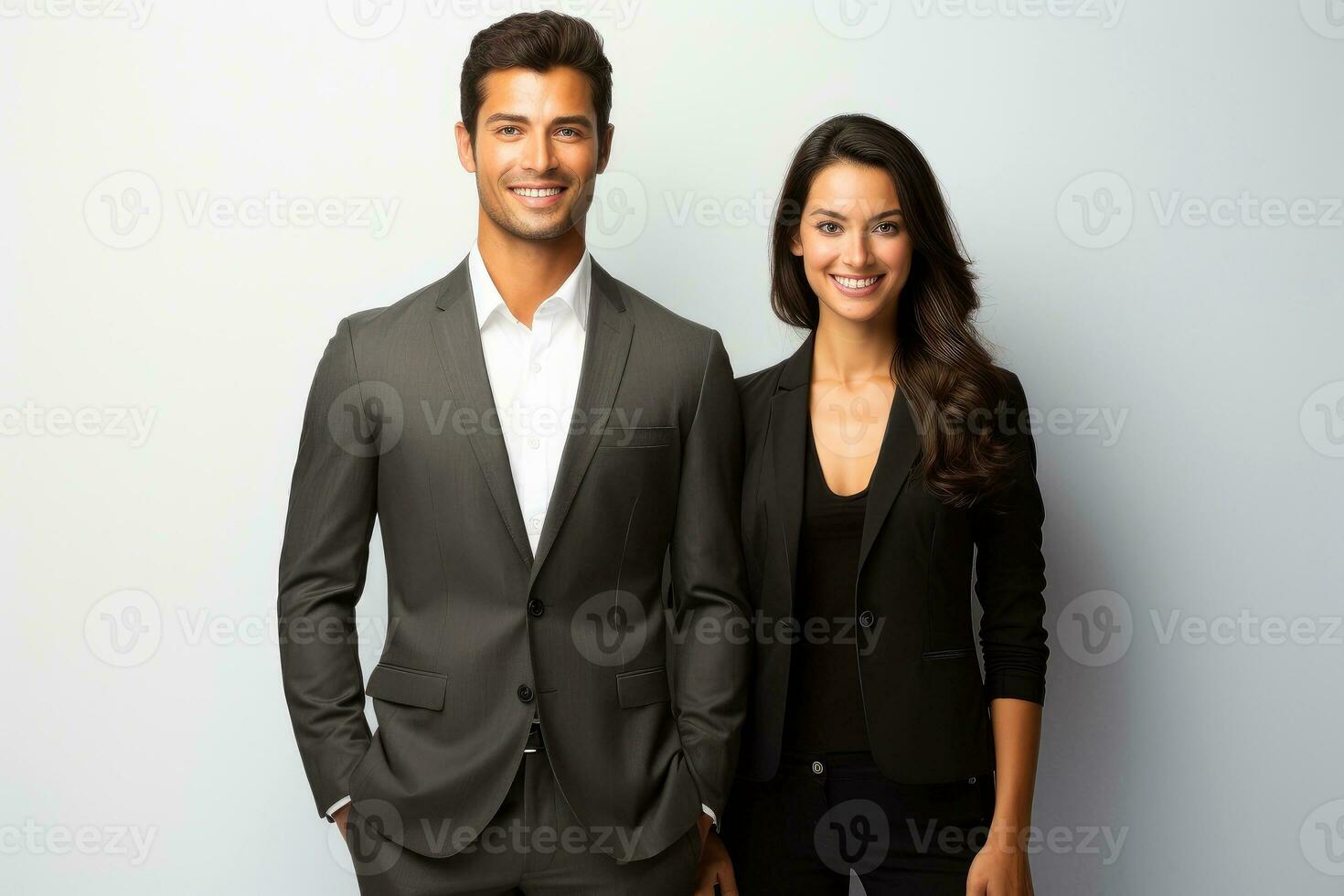 bem sucedido jovem o negócio parceiros dentro formal roupas posando e olhando às Câmera, generativo ai ilustração foto