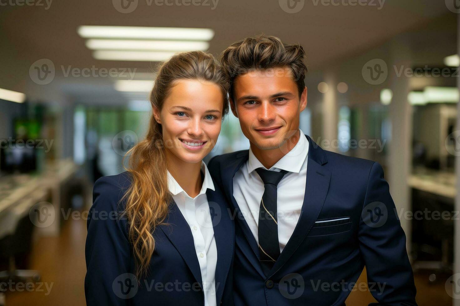 bem sucedido jovem o negócio parceiros dentro formal roupas posando e olhando às Câmera, generativo ai ilustração foto