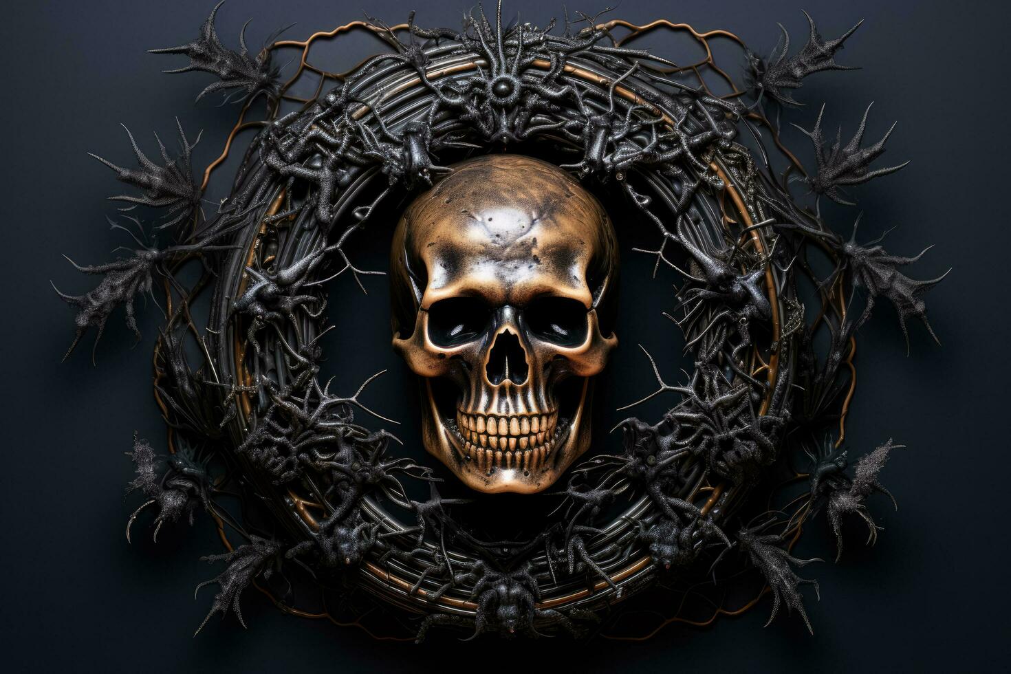 uma gótico crânio dia das Bruxas guirlanda pingou dentro falso aranha teias isolado em uma gradiente fundo foto