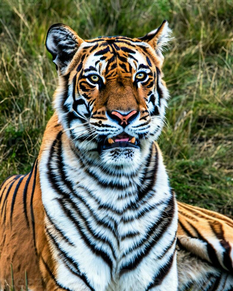 foto fechar-se panorama tiro do uma Bengala tigre com verde Relva