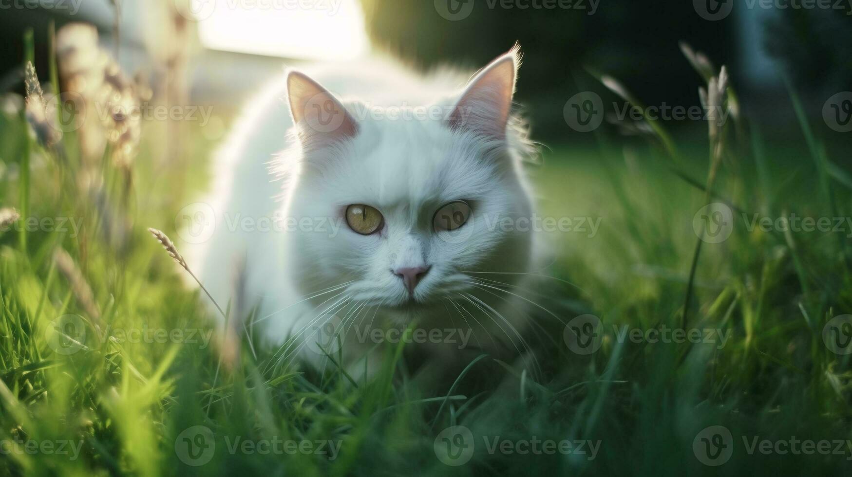 a branco turco angorá gato silenciosamente se escondendo dentro dele apoio para os pés e pronto para saltar dentro e jogar dentro a meio do verde grama. ai gerado. foto