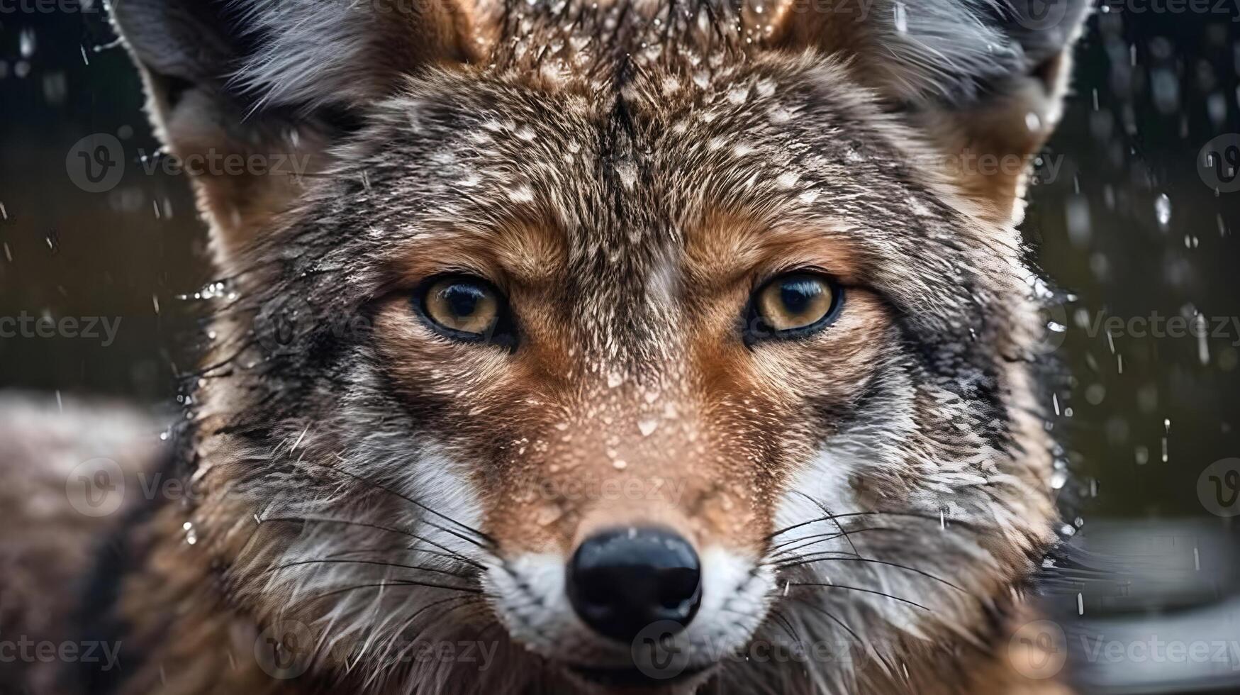 fechar acima face do vermelho Raposa obtendo molhado debaixo a chuva. ai gerado. foto