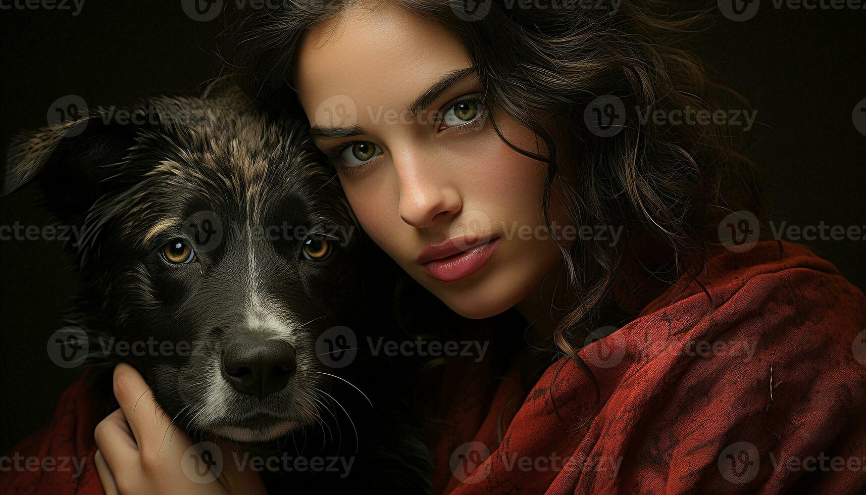 fofa mulher abraços sorridente filhote de cachorro, puro amor dentro retrato gerado de ai foto