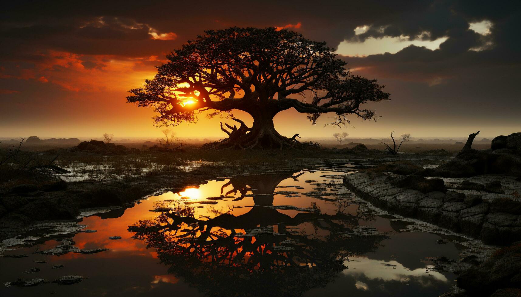 pôr do sol sobre a africano savana, refletindo dentro tranquilo água gerado de ai foto