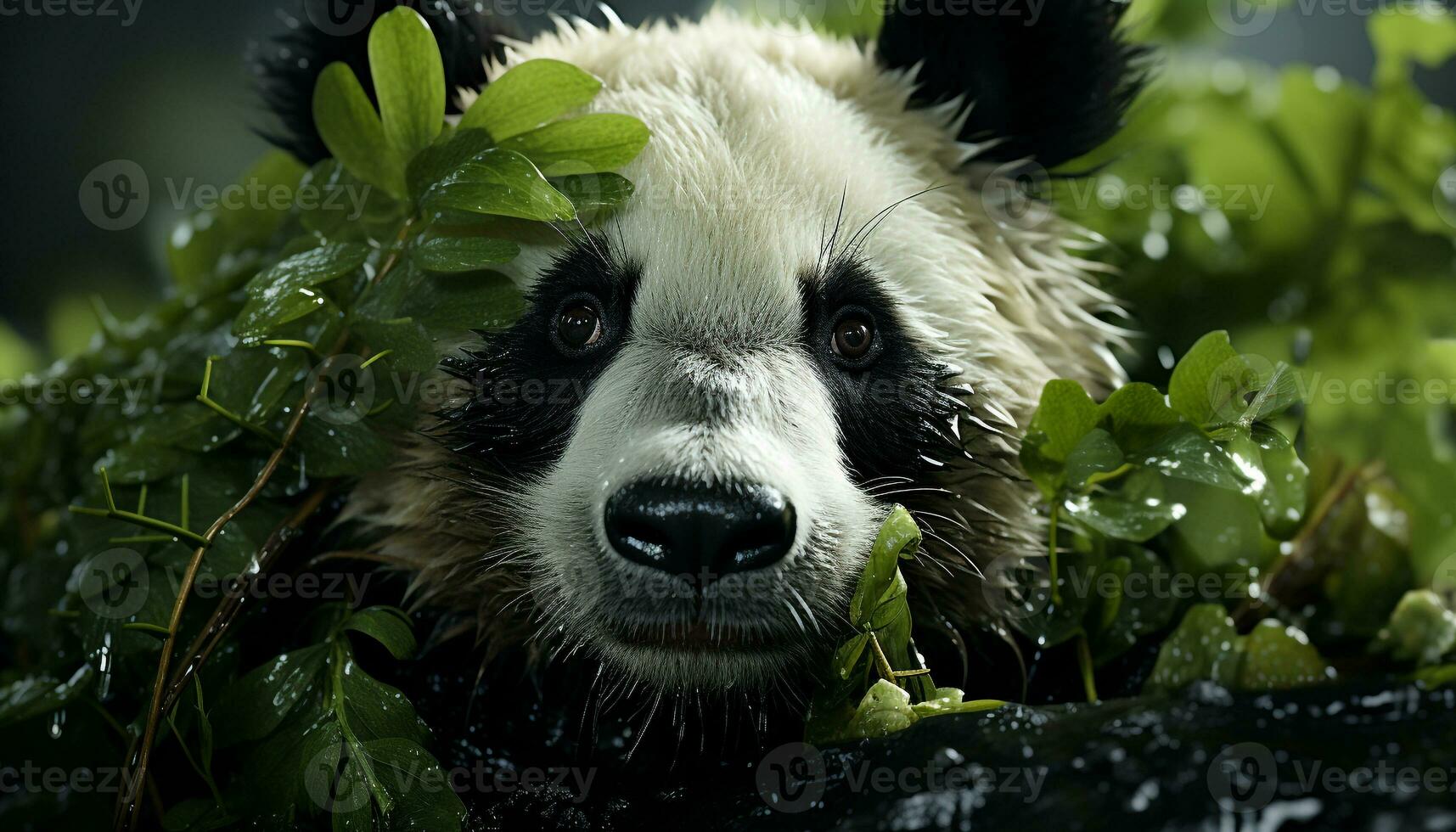 fofa panda sentado em uma filial, olhando às a Câmera gerado de ai foto