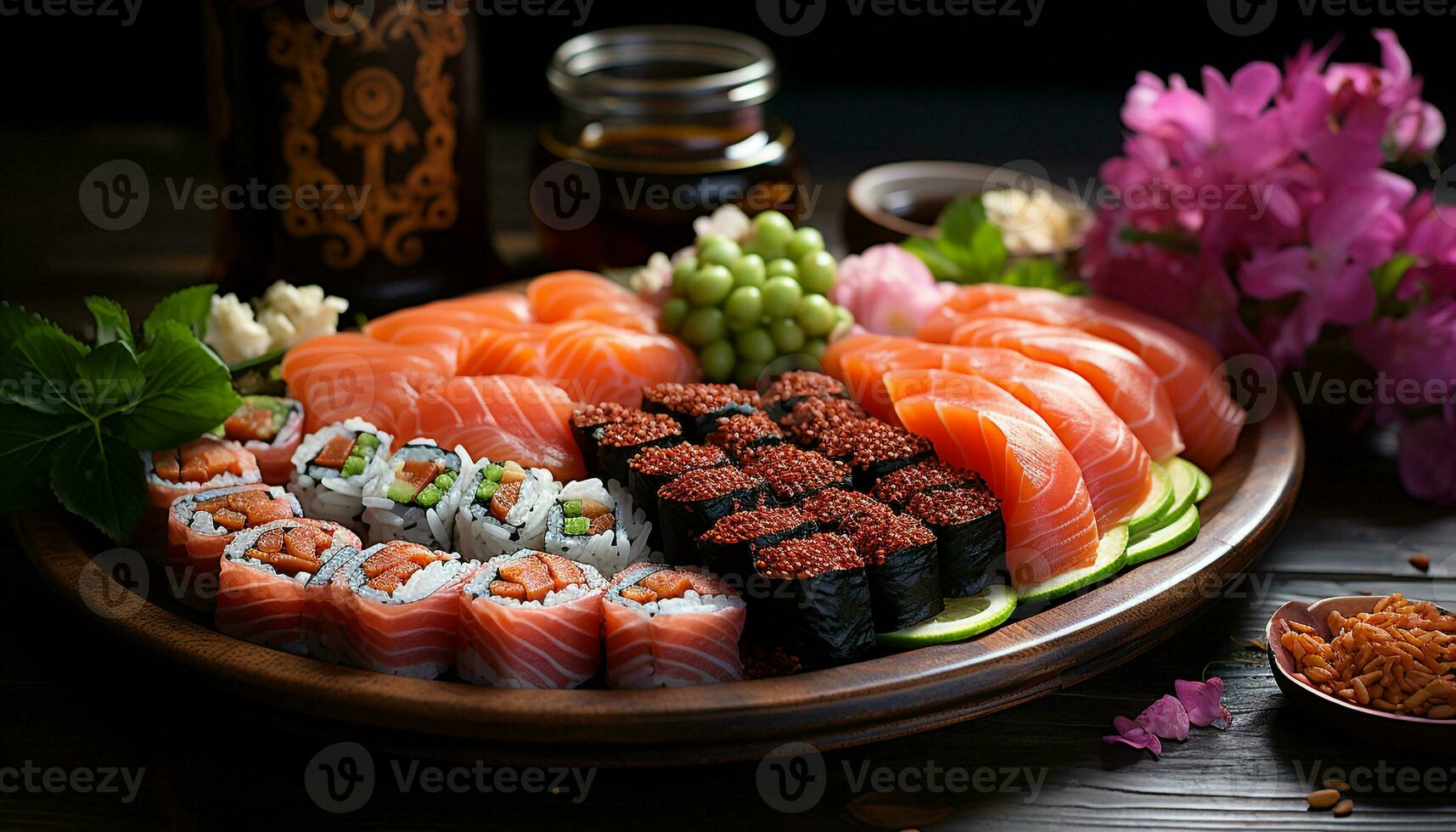 frescor e culturas em uma placa, sashimi e maki Sushi gerado de ai foto