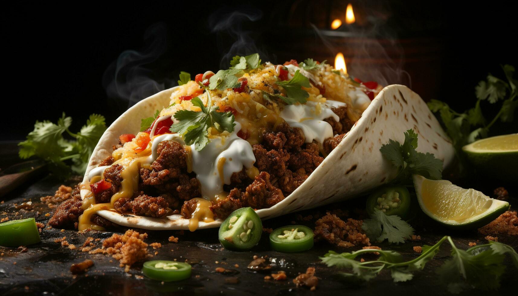 grelhado carne taco com guacamole, tomate, e coentro em tortilla gerado de ai foto