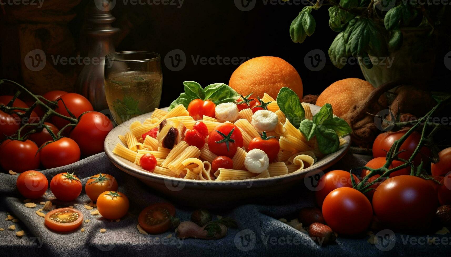 frescor em a mesa saudável, gourmet, vegetariano comida, italiano cultura gerado de ai foto