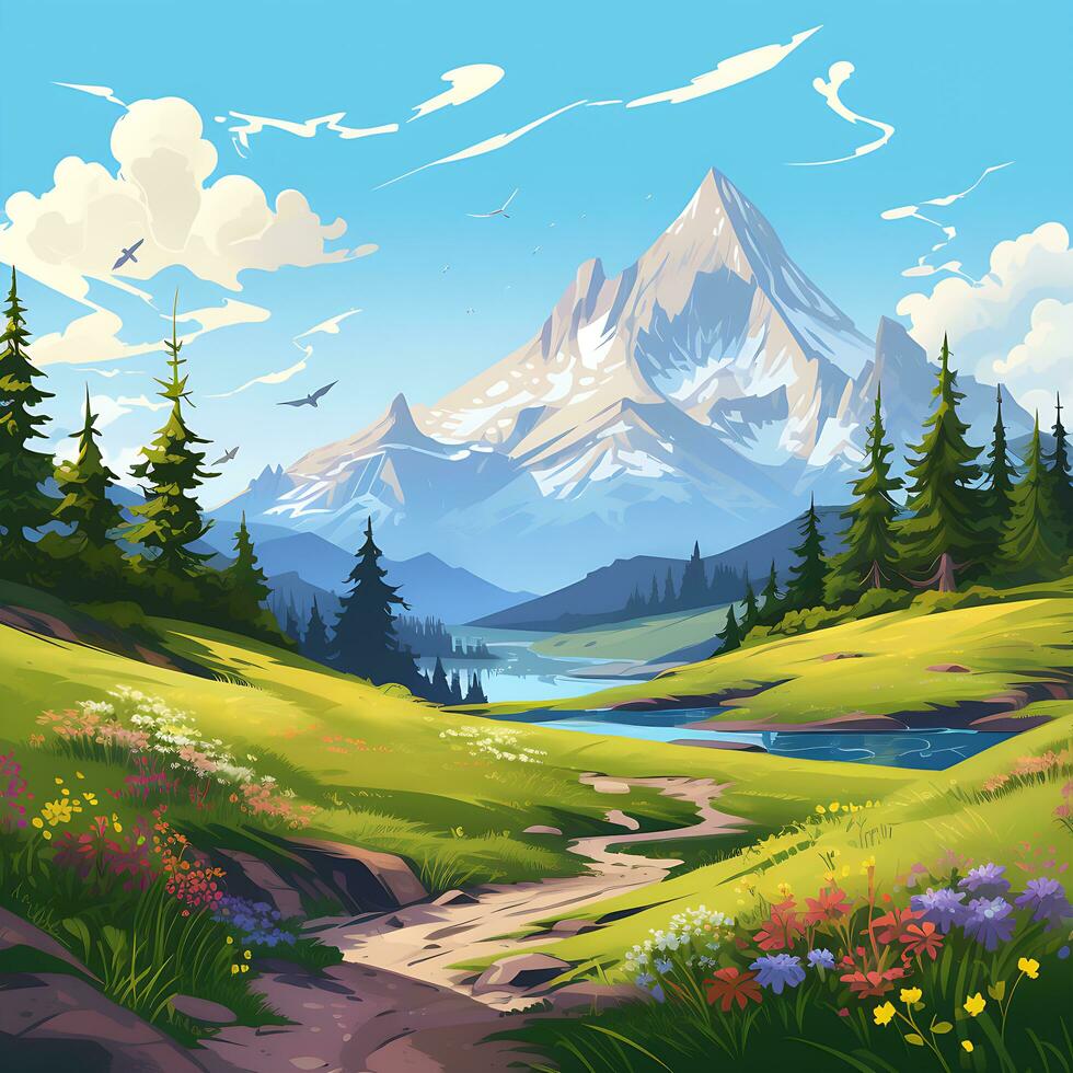 uma pintura do montanha lago verão dentro a lindo fundo foto