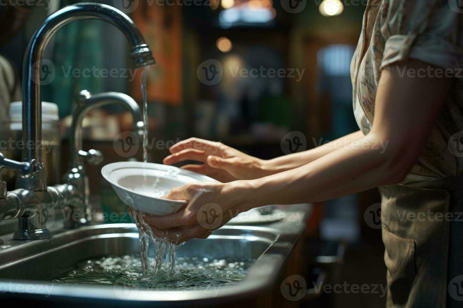 ai gerado uma mulher mãos lavando pratos foto