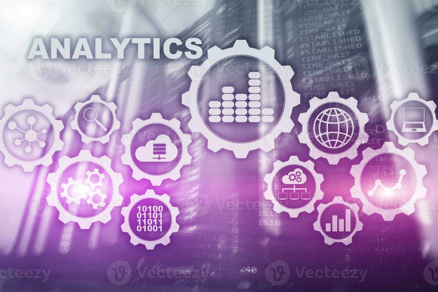 conceito de análise de tecnologia na tela virtual. big data com ícones gráficos em uma interface de tela digital e um fundo de sala de servidor foto