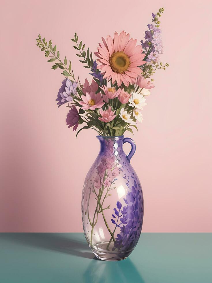 frente Visão do fofa flor decoração dentro uma vidro vaso com Rosa fundo ai gerado foto