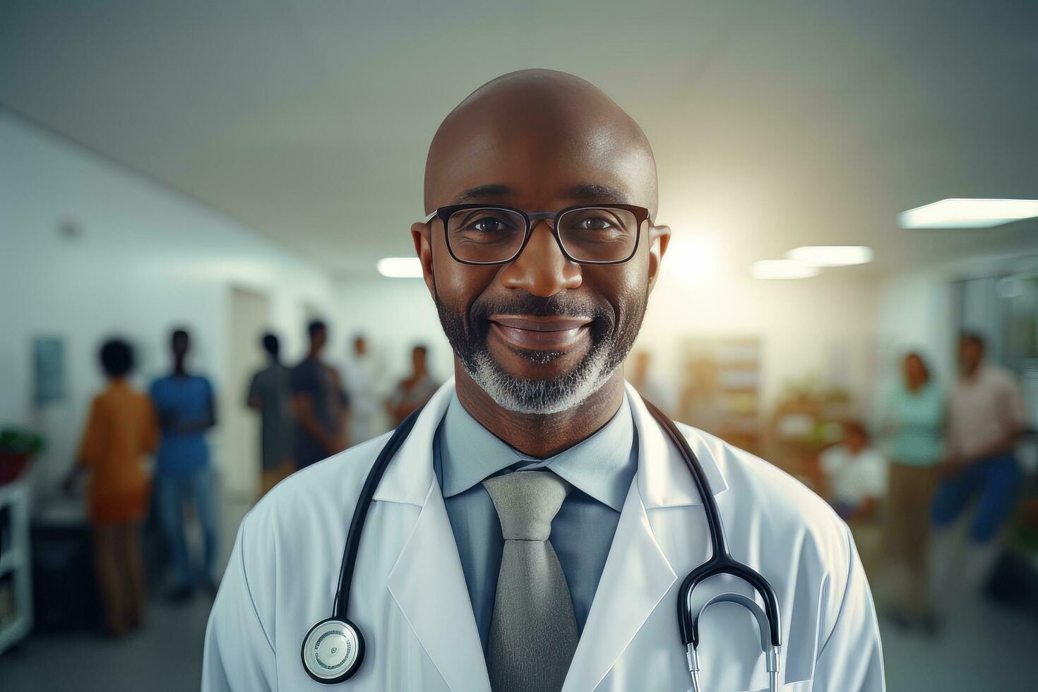 retrato do a africano médico com estetoscópio dentro a hospital, com experiência Senior médico médico sorridente e olhando às Câmera. foto