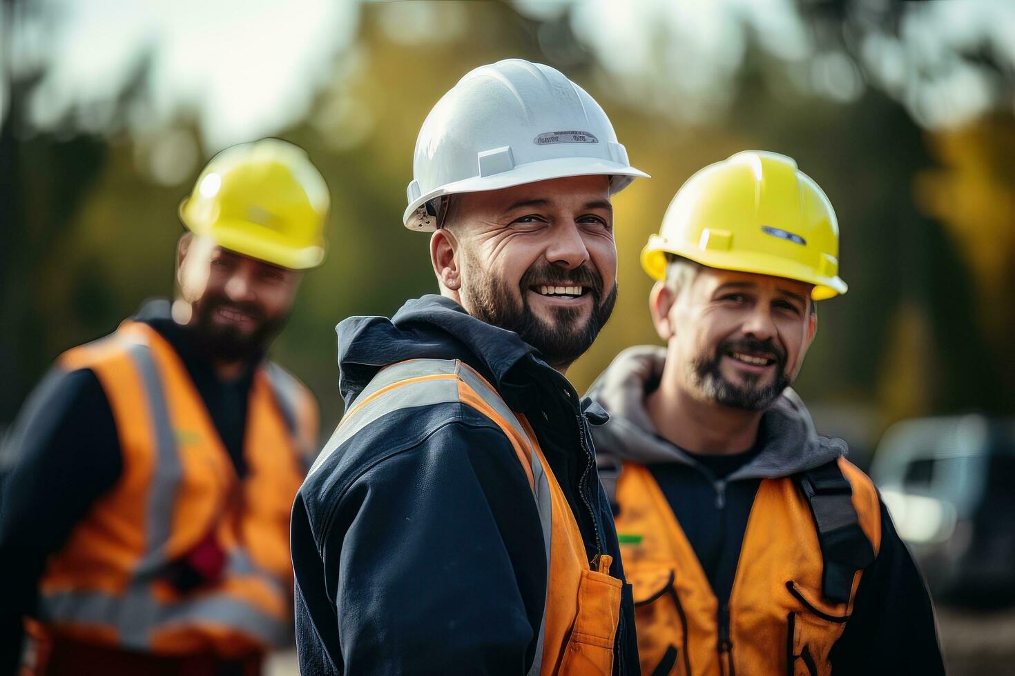 retrato do alegre trabalhadores vestindo segurança uniforme, construção Engenharia trabalho em construção construção site, observa e verificação a projeto. foto