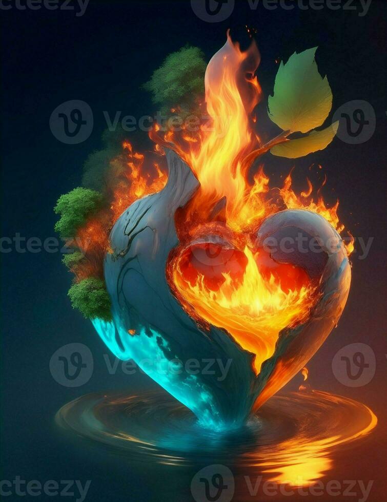 coração com elementos do fogo, água, terra e natureza ilustração foto