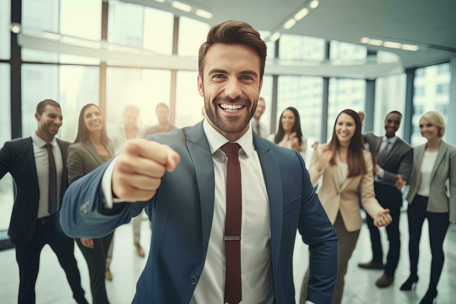 confiante homem de negocios mostrando uma brigando pose, bonito Gerente gestos levantando punhos dentro moderno escritório, masculino empreendedor lutas uma problema foto