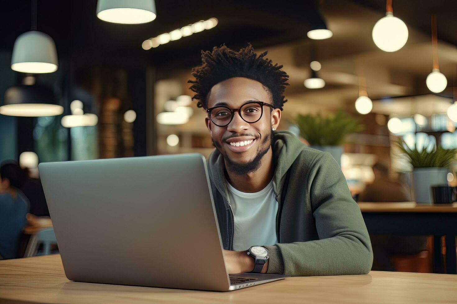 retrato do alegre Preto masculino aluna Aprendendo conectados dentro café comprar, jovem africano americano homem estudos com computador portátil dentro cafeteria, fazendo dever de casa foto