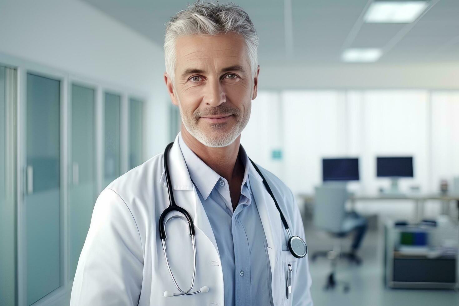 retrato do médico com estetoscópio dentro a hospital, com experiência Senior médico médico sorridente e olhando às Câmera. foto