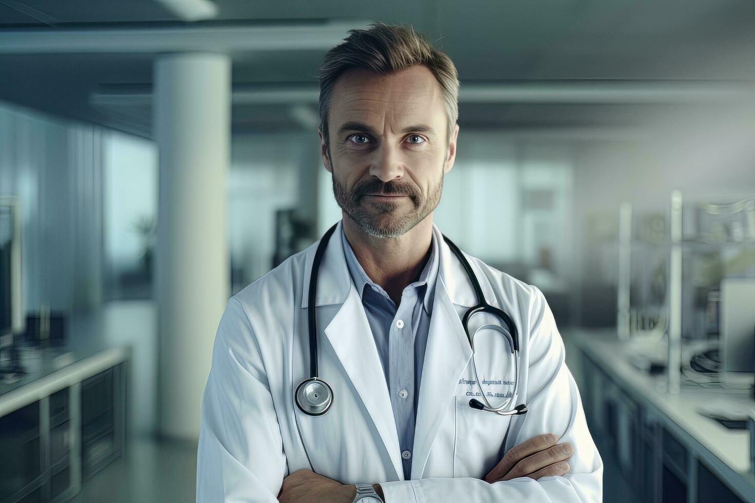 retrato do médico com estetoscópio dentro a hospital, com experiência Senior médico médico sorridente e olhando às Câmera. foto