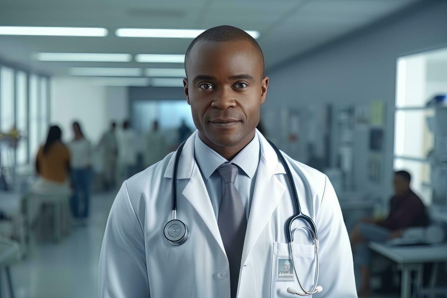 retrato do a africano médico com estetoscópio dentro a hospital, com experiência Senior médico médico sorridente e olhando às Câmera. foto