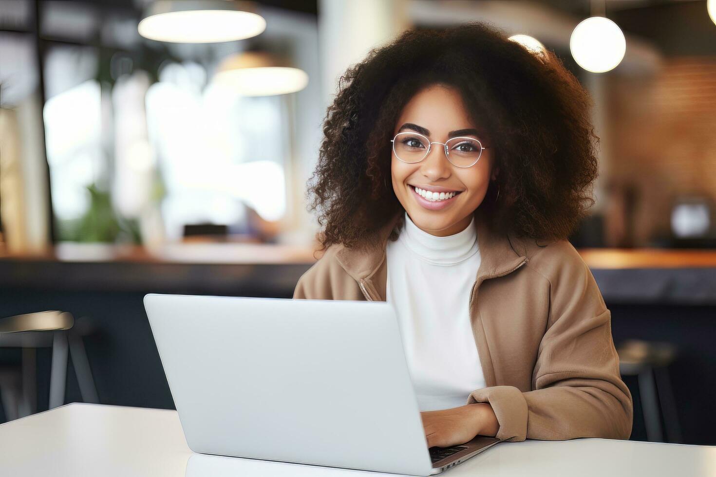 retrato do lindo Preto fêmea aluna Aprendendo conectados dentro café comprar, jovem africano americano mulher estudos com computador portátil dentro cafeteria, fazendo dever de casa foto