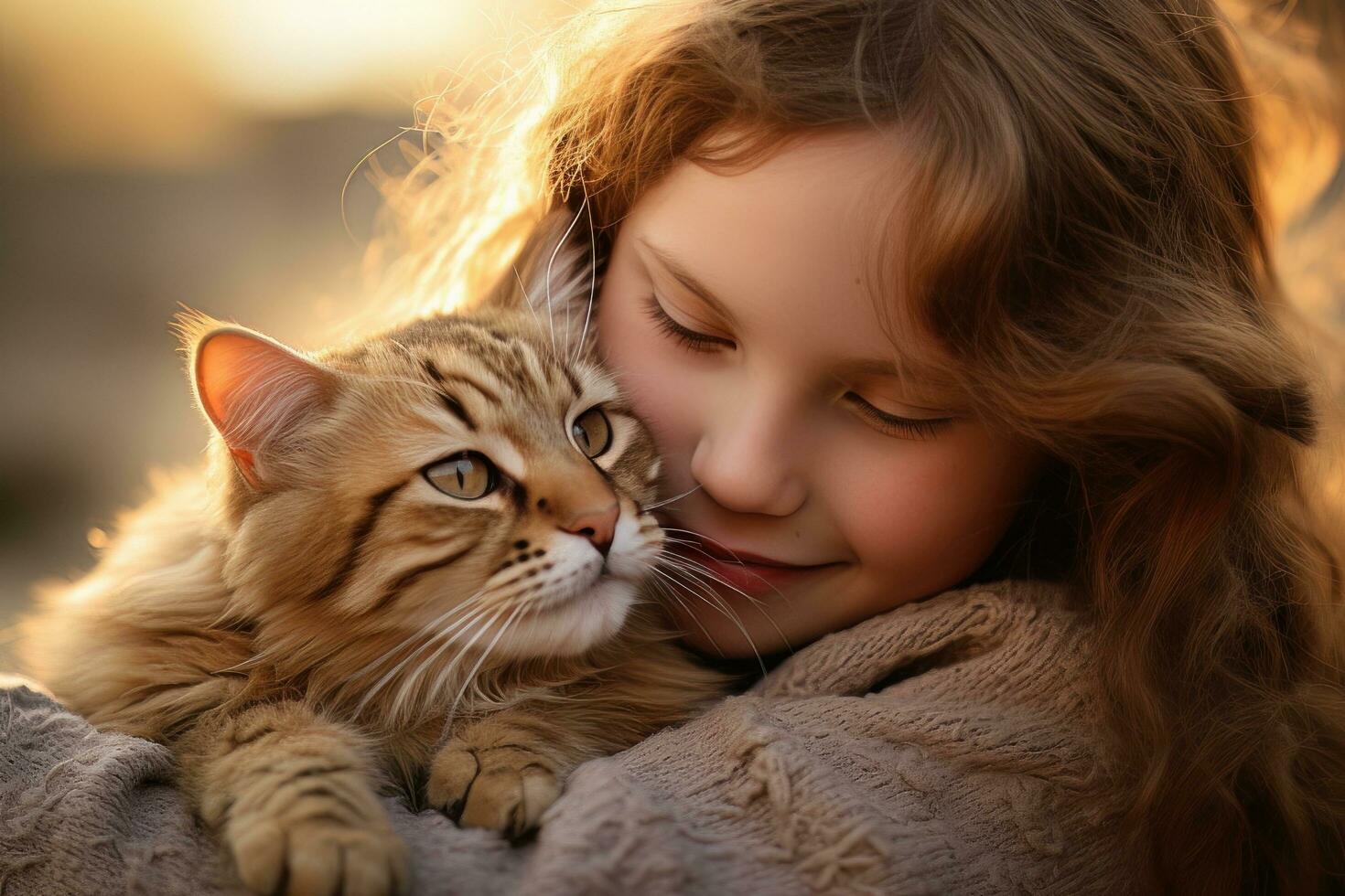 pequeno menina abraçando dela gato com caloroso luz fundo, criança abraços uma disperso gato para transmitindo uma sentido do amar. foto