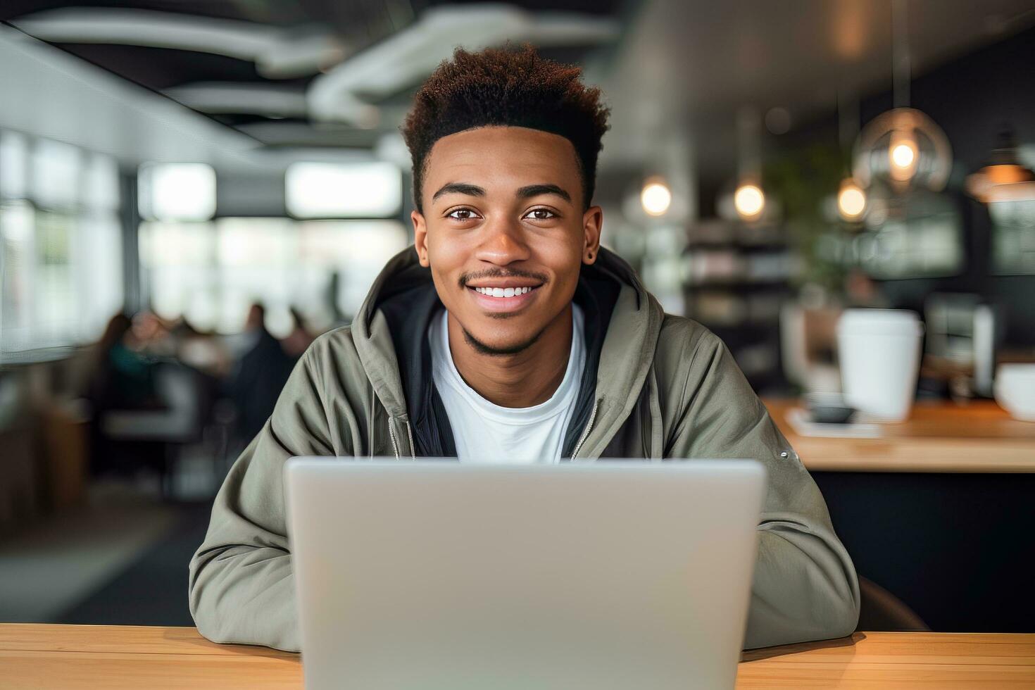 retrato do alegre Preto masculino aluna Aprendendo conectados dentro café comprar, jovem africano americano homem estudos com computador portátil dentro cafeteria, fazendo dever de casa foto