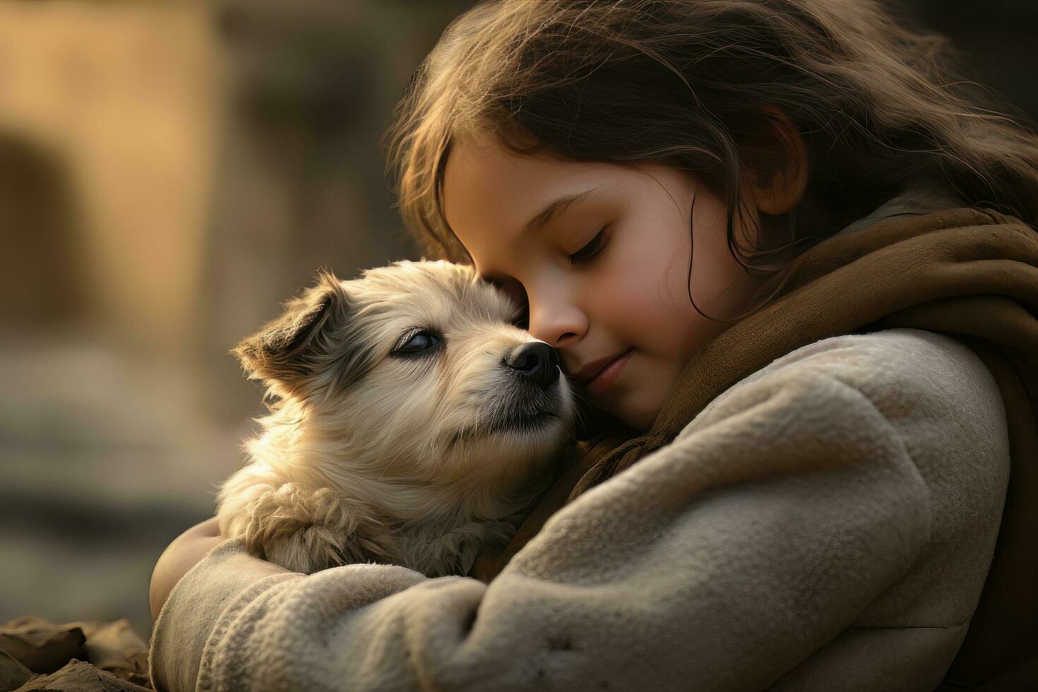 pequeno menina abraçando dela cachorro com caloroso luz fundo, criança abraços uma disperso cachorro para transmitindo uma sentido do amar. foto