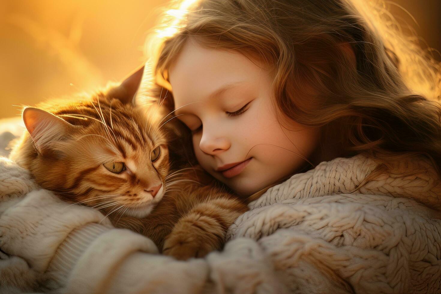 pequeno menina abraçando dela gato com caloroso luz fundo, criança abraços uma disperso gato para transmitindo uma sentido do amar. foto