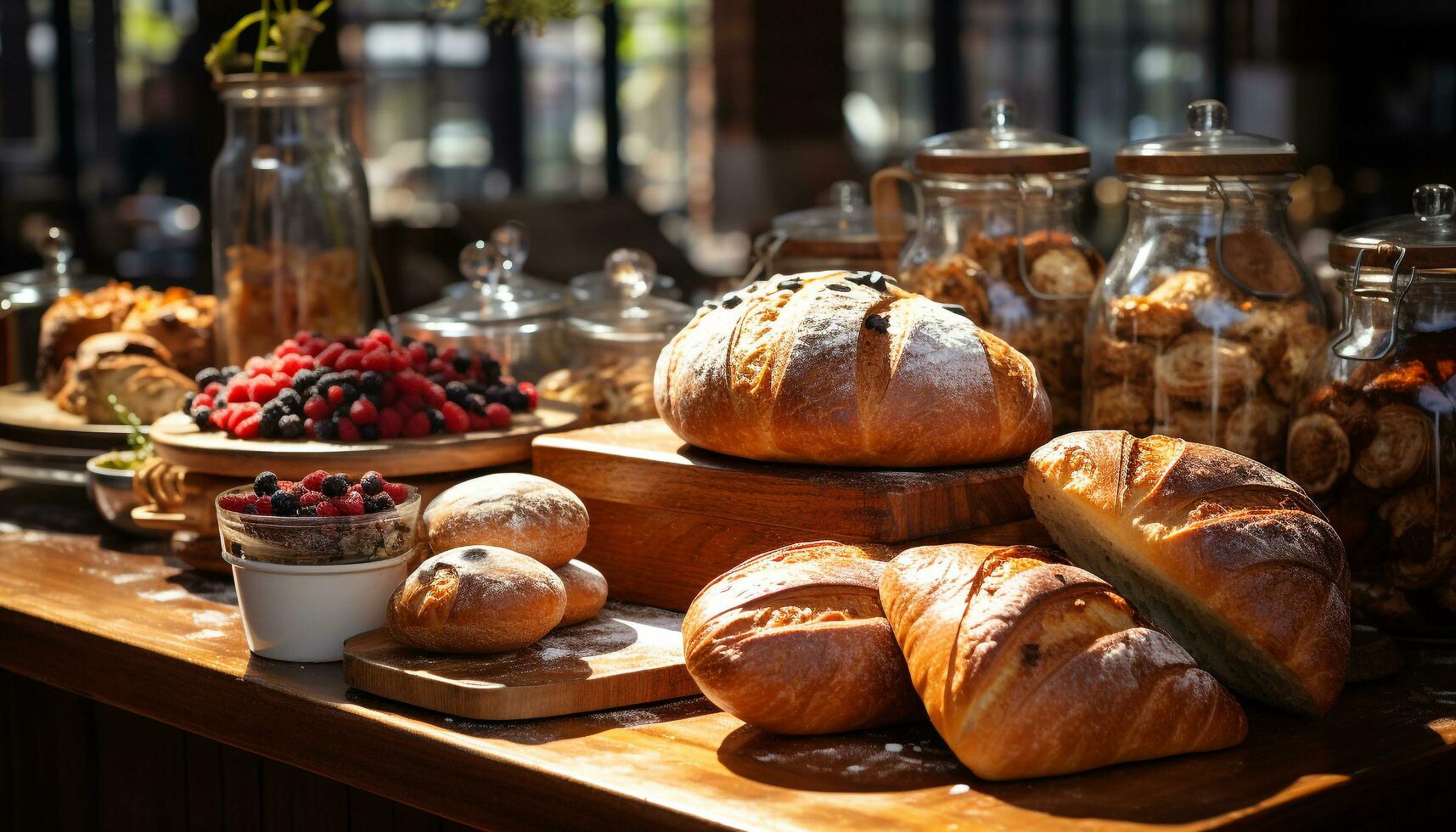 caseiro gourmet refeição fresco pão, fruta, e rústico sobremesa gerado de ai foto