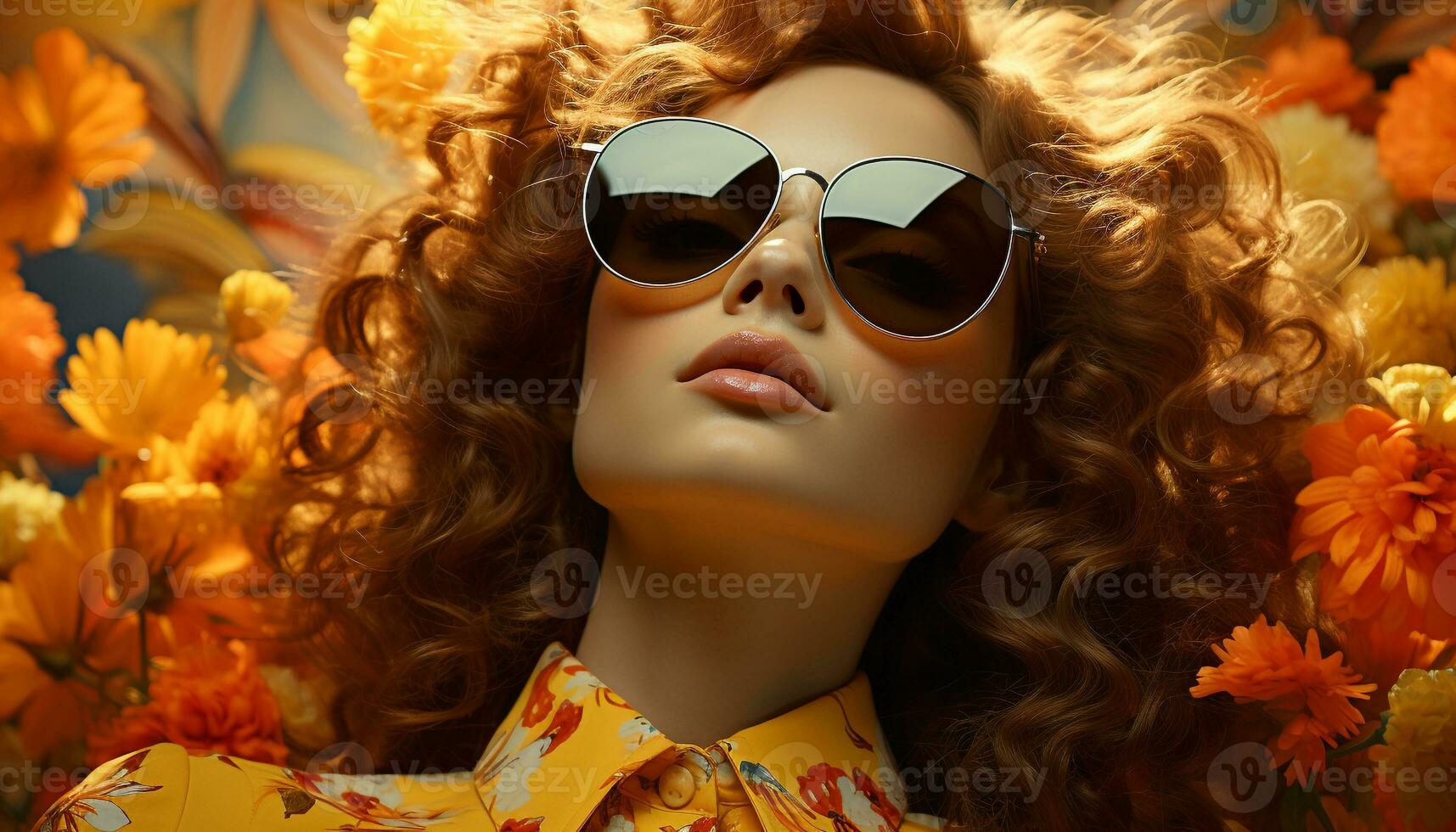 uma lindo mulher com oculos de sol, elegância, e encaracolado cabelo gerado de ai foto