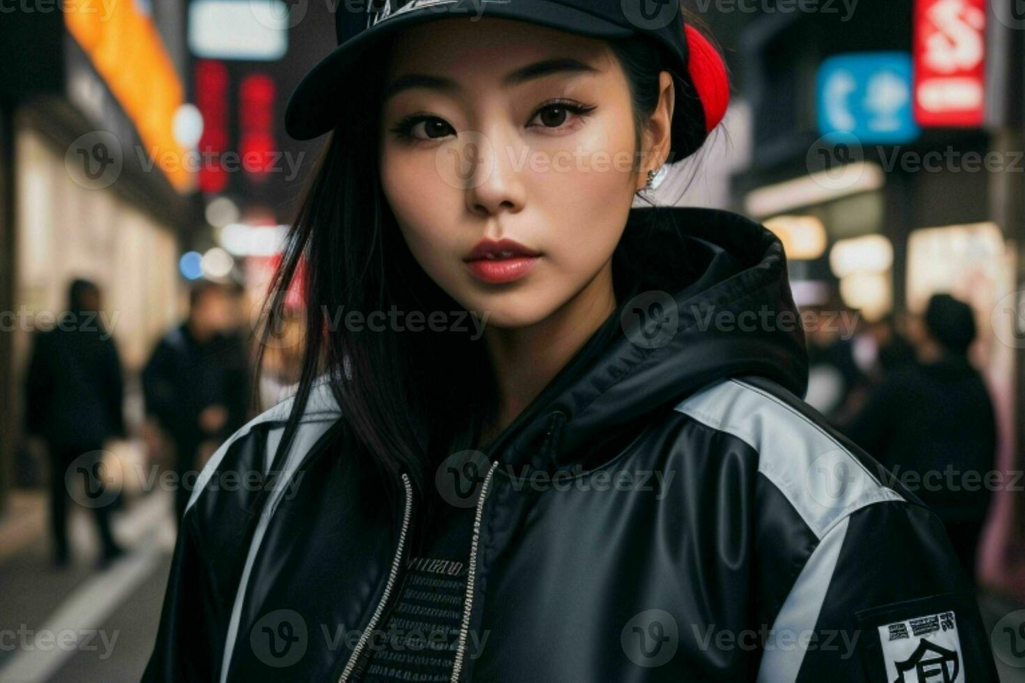 retrato do uma mulher dentro streetwear em a rua. ai generativo pró foto