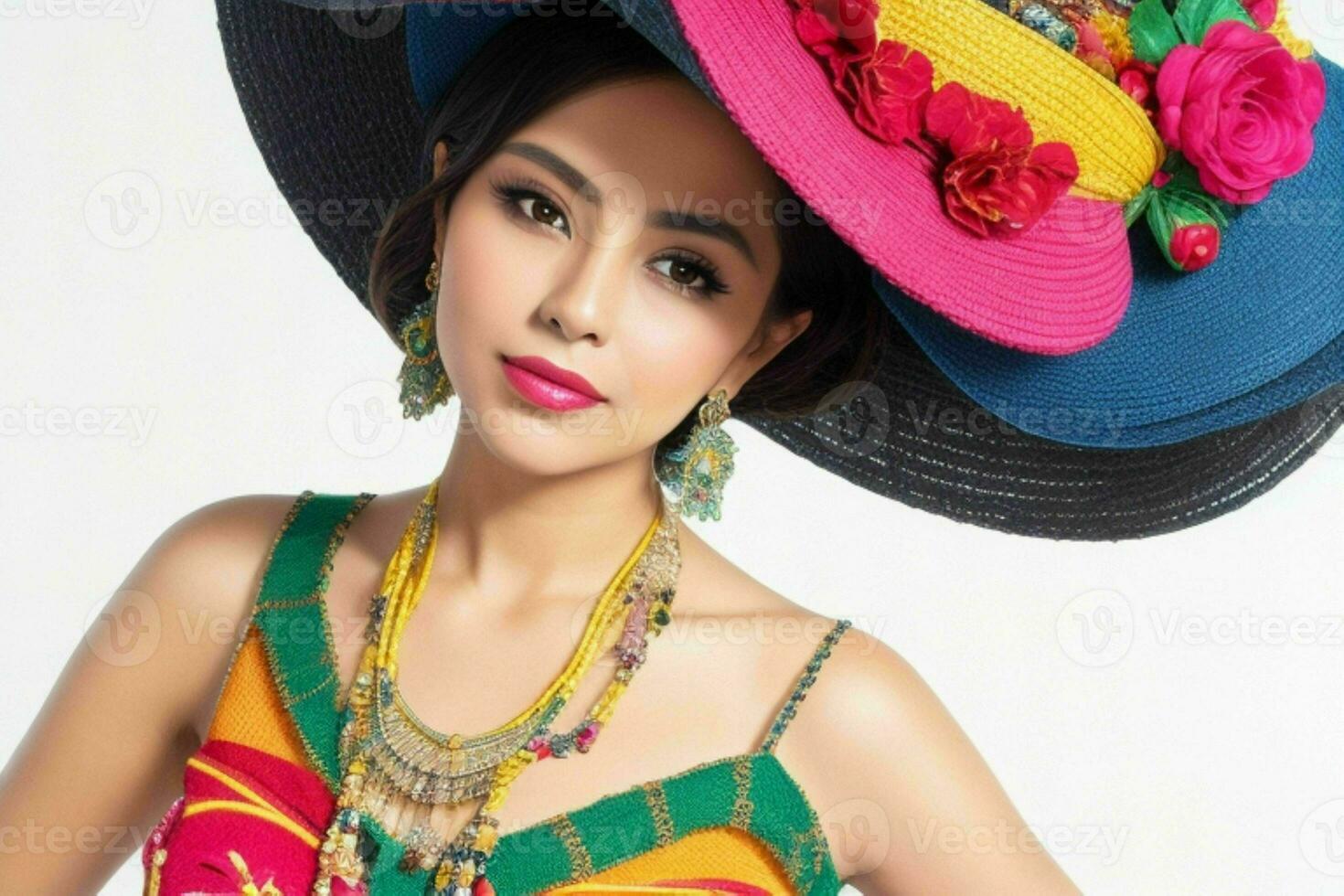 retrato do uma elegante lindo mulher dentro tradicional roupas vestindo uma chapéu. ai generativo pró foto