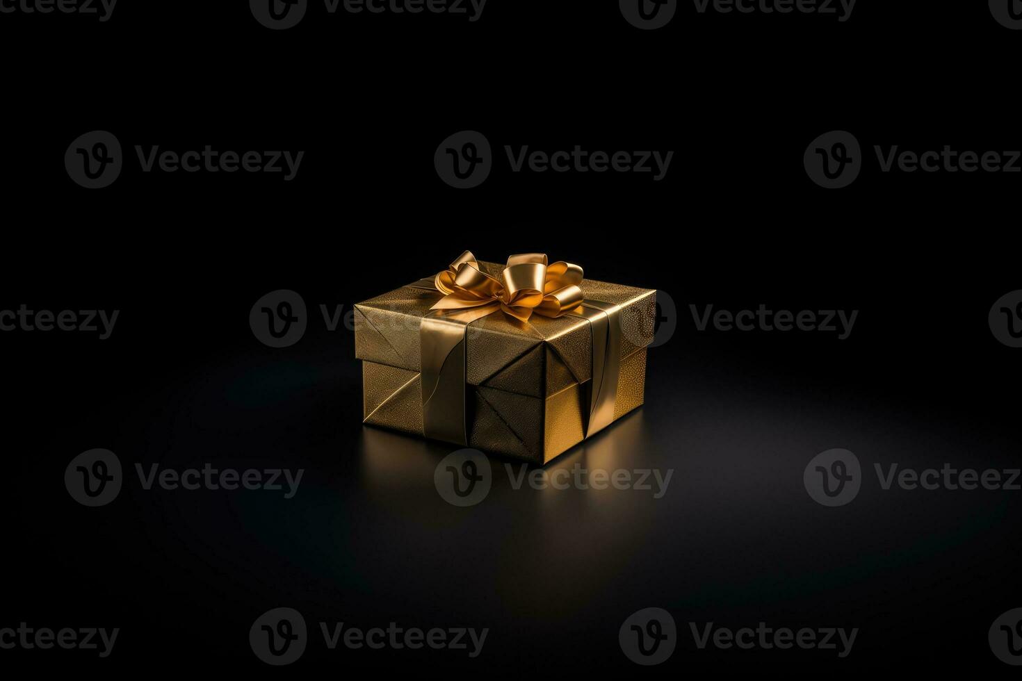 dourado presente caixa com ouro fitas em uma Preto fundo. presente, Novo ano, Natal, Preto Sexta-feira foto