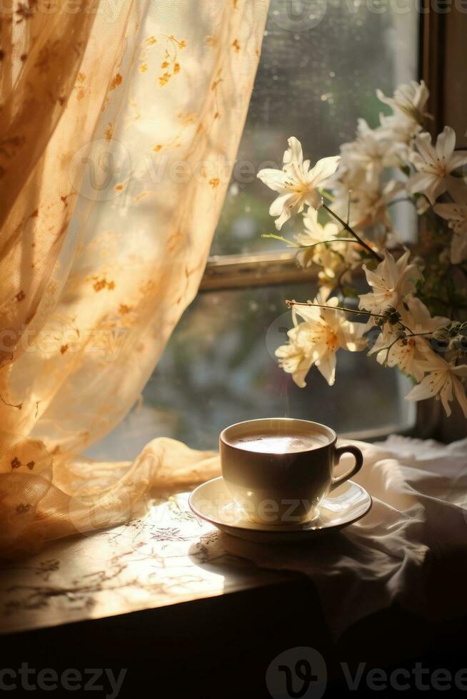 acolhedor brilhante foto. uma copo do café de a janela, flores foto