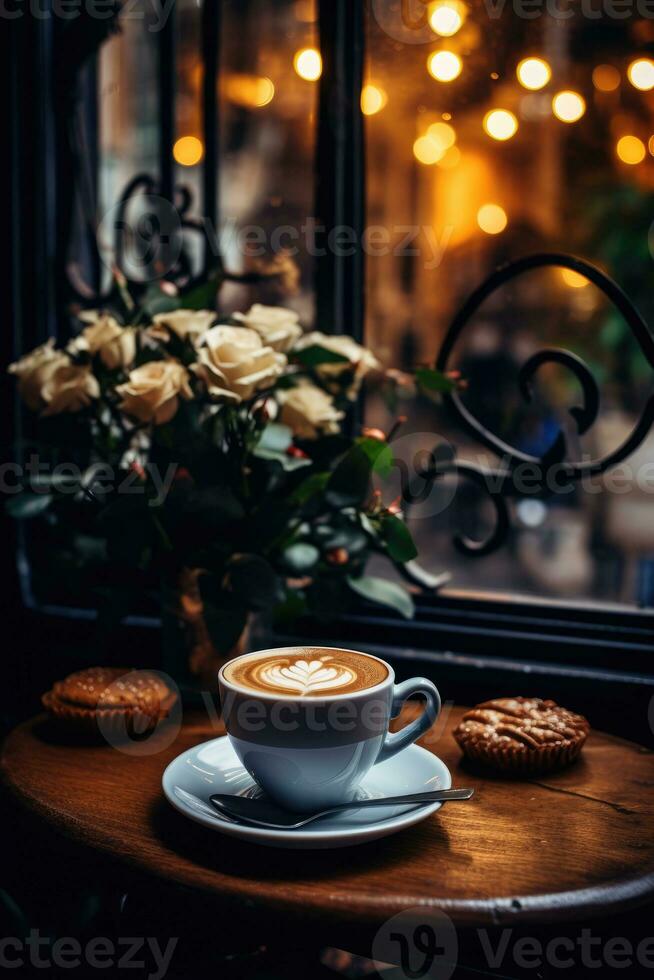 uma copo do café, cappuccino em uma mesa dentro uma cafeteria. vela, acolhedor foto