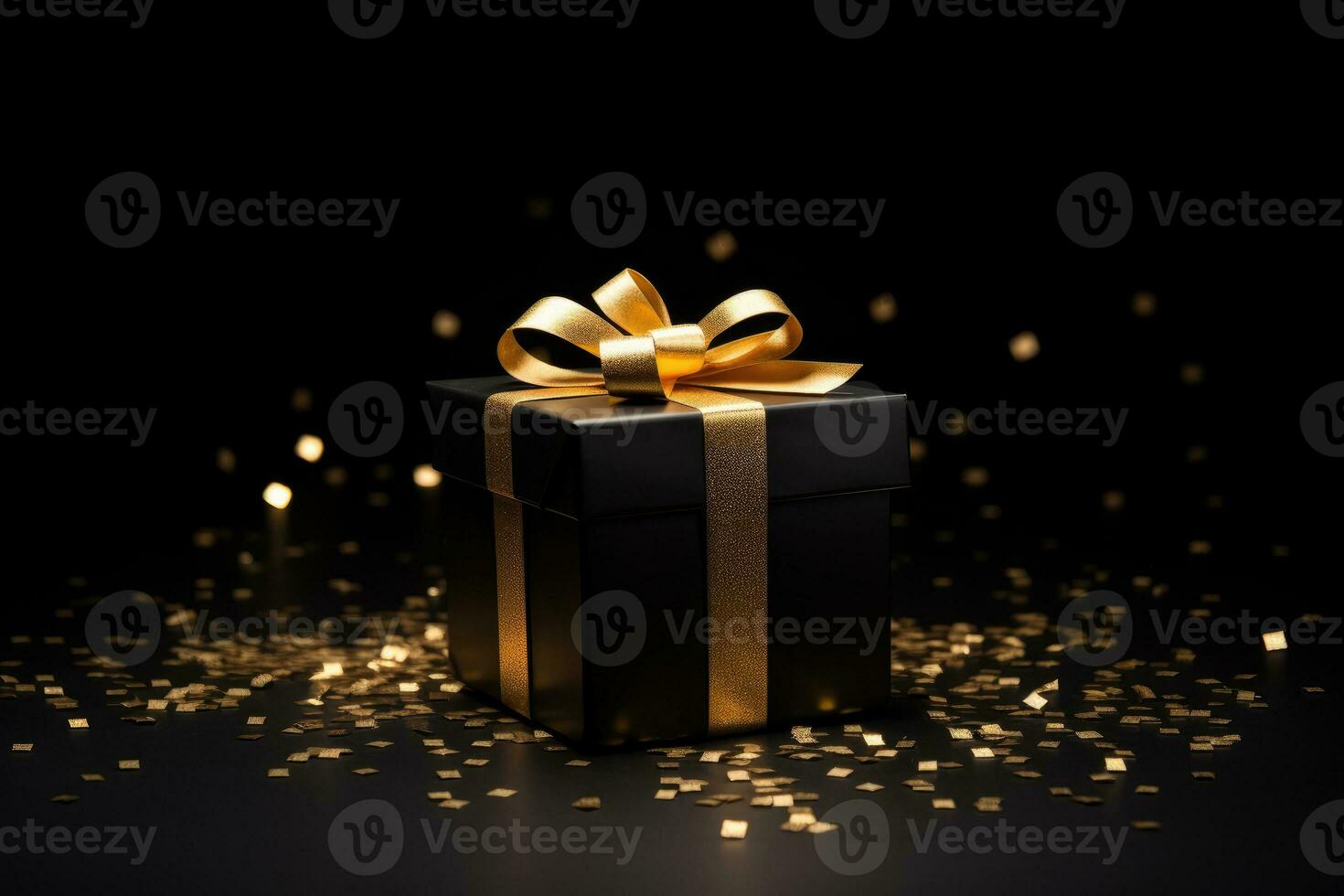 Preto presente caixa com ouro fitas em uma Preto fundo com lantejoulas. presente, Novo ano, Natal, Preto Sexta-feira foto