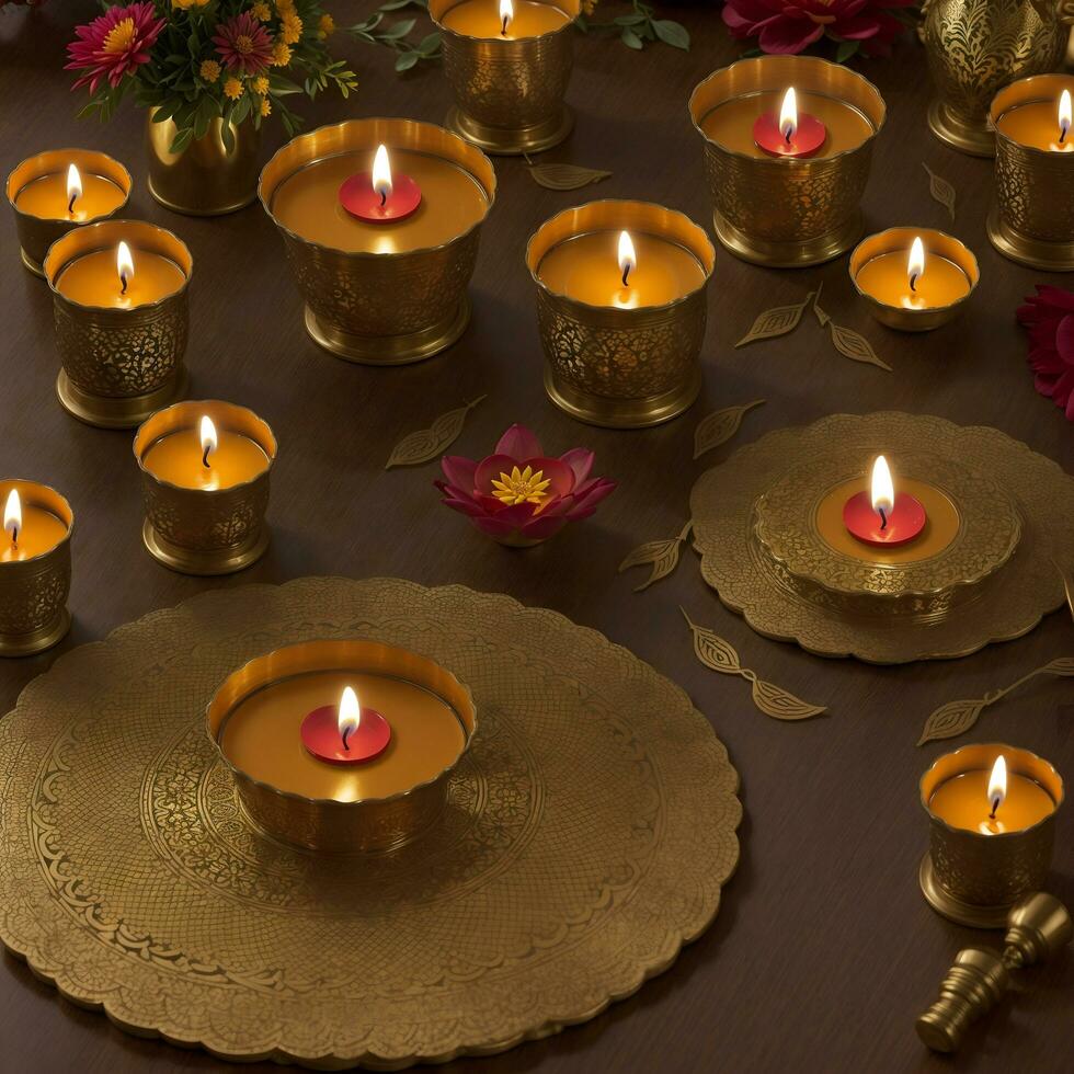 velas dentro latão castiçais em uma Sombrio de madeira fundo para diwali celebração de ai gerado foto